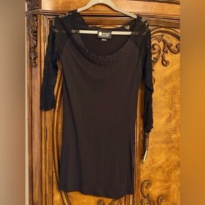 Christine Alexander Black Long Sleeve Embellishef Top with Lace-Sz Medium